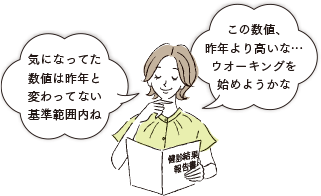 健診結果報告書を見て「この数値、昨年より高いな…ウオーキングを始めようかな」と気づく人のイラスト